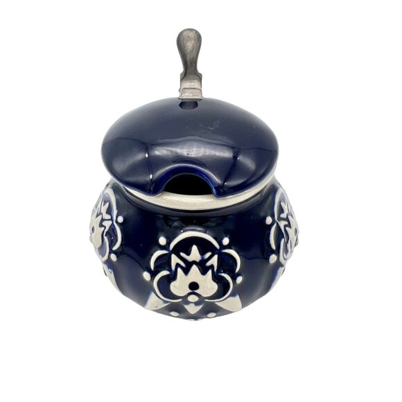 Vintage Wekara German Lidded Mustard Pot Stein Blue White Stoneware 3.5"H - Picture 6 of 7